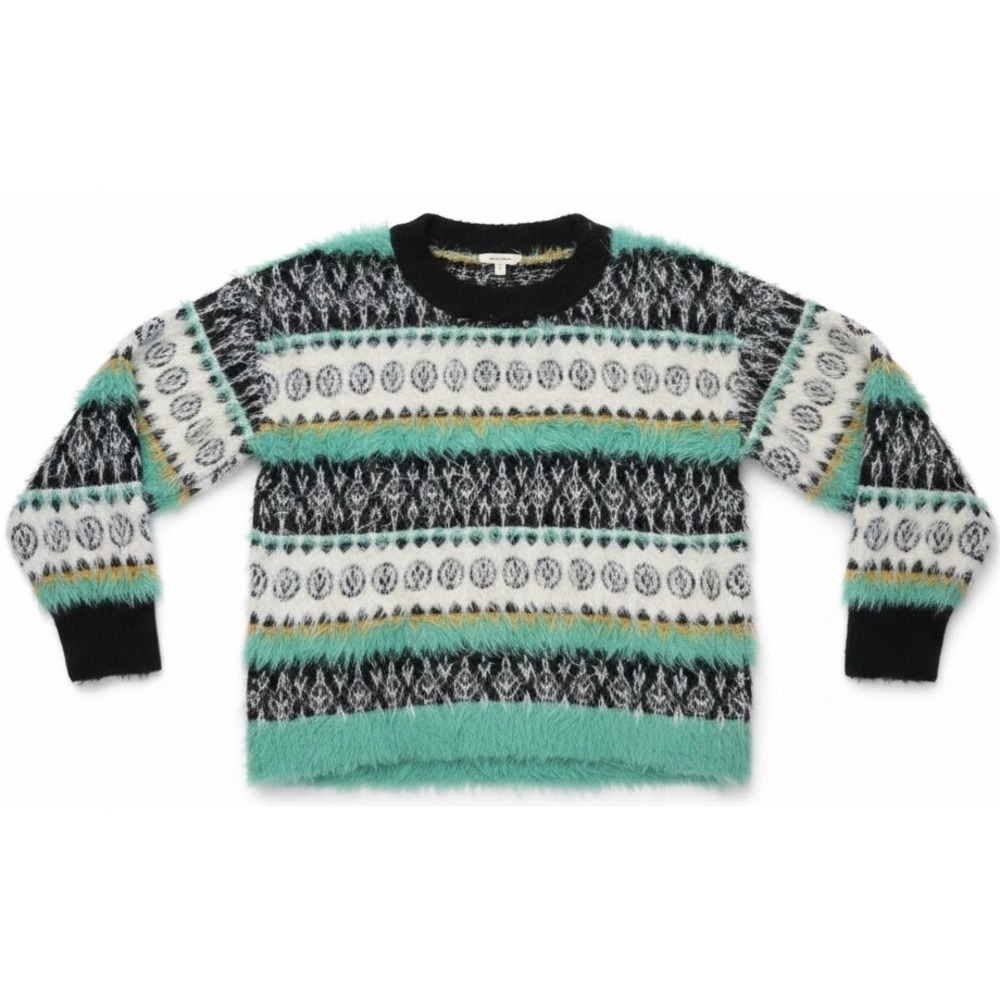ee:some Womens Medium Fuzzy‎ Sweater Aqua Black White Fair Isle Eyelash Knit
